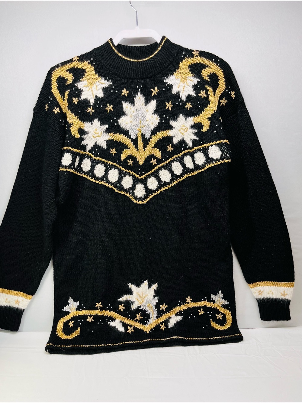 Vintage Black & Gold Floral Turtleneck Sweater - Women's Knit Pullover